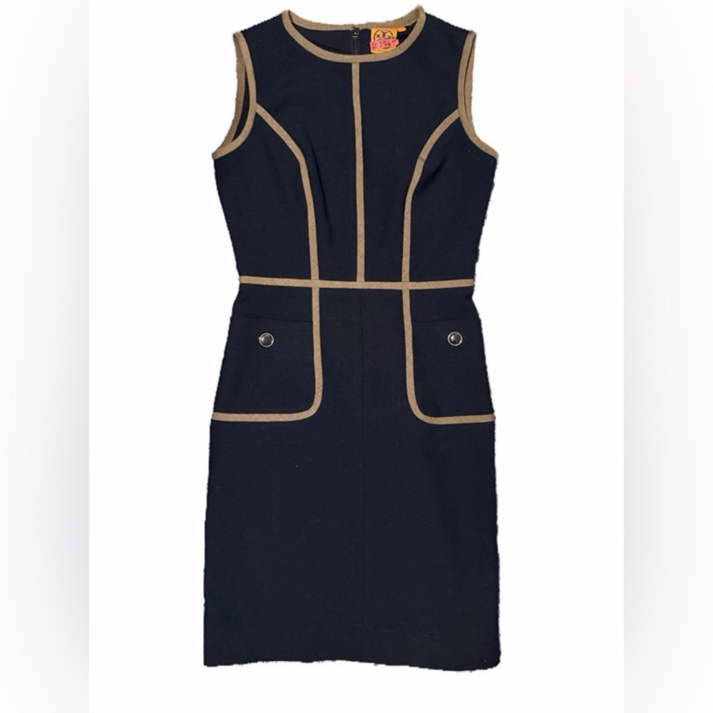 EUC Tory Burch Black Navy Blue Wool Blend Sheath Dress with Tan Trim